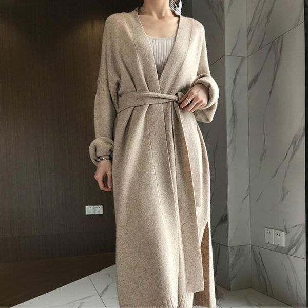 

sweaters 2021 women autumn winter long cashmere knitted cardigan sweater sashes open stitch oatmeal color split hem crochet outerwear, White;black