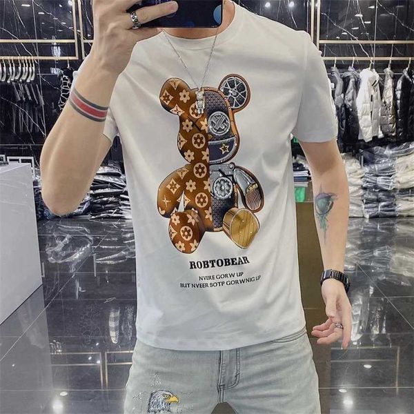 

round neck short for men korean version versatile summer new little bear print trendy pure cotton half sleeved t-shirt, White;black