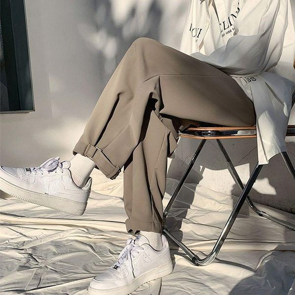 

pants spring casual trousers for men straight loose highend trousers trend solid color drape suit pants stretch men ninth trousers, Black