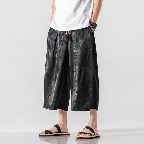 

pants japanese men's wideleg pants ice silk dragon pattern jacquard beach pants ethnic style casual loose men's harem pants, Black