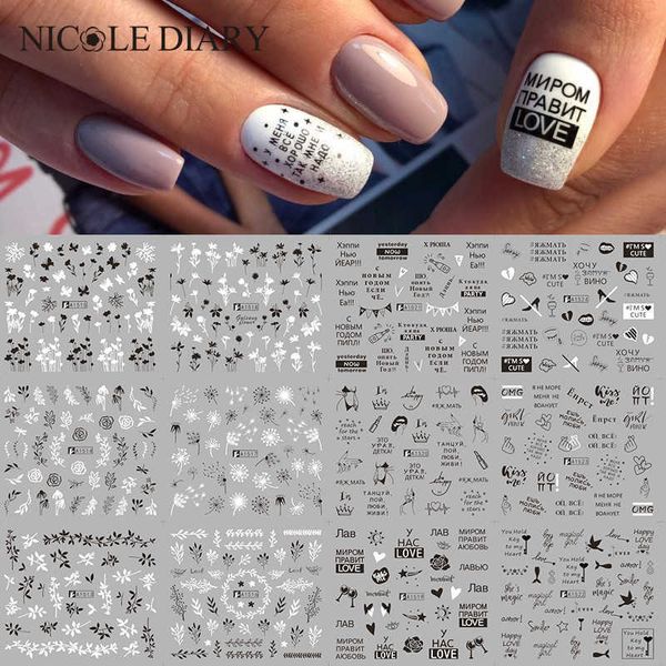 

stickers decals 12pcs love letter slider stickers for nails girl water transfer sticker decal flower leaf manicuring diy tip decoration 1pc, Black