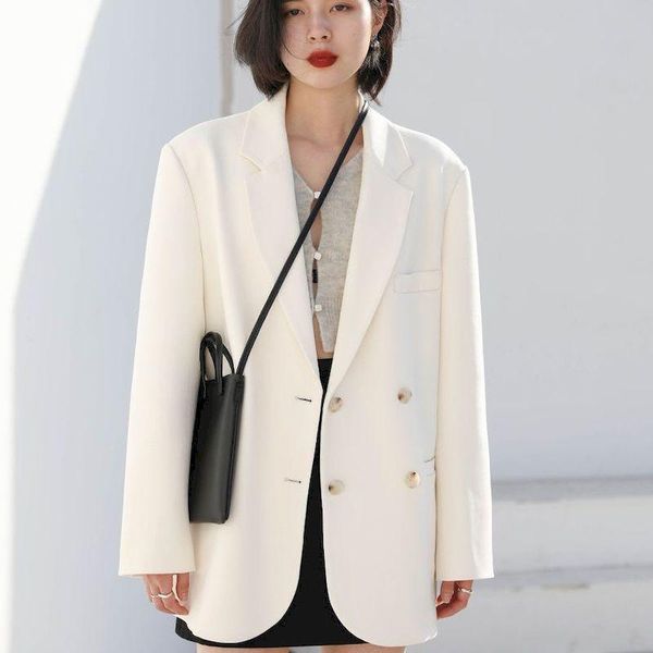 

pants oversized 2022 double breasted white women's blazers pockets female formal jackets elegant loose outerwear spring autumn