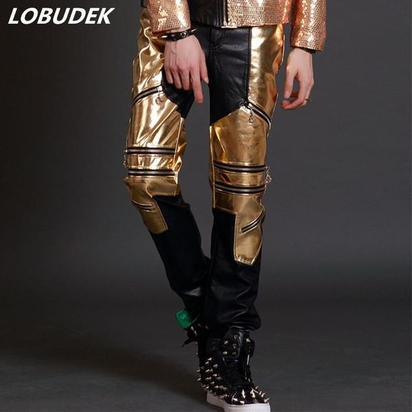 

pants nightclub hiphop rock male singer costume pu leather pants gold black cool long pants punk style bar concert dj stage trousers