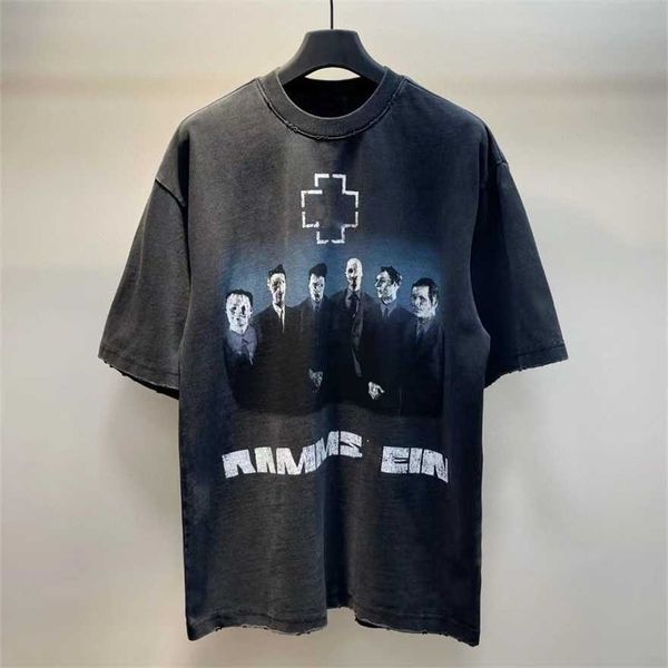 

34% off paris german chariot band portrait heavily washed damaged street short sleeve t-shirt same style for men and women couples, White;black