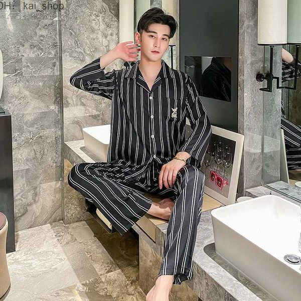 

piece pants new pajamas autumn winter ice silk long-sleeved striped suit wear oversized household clothes 31, White