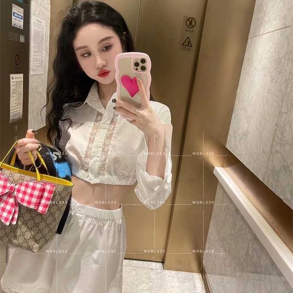 

26% off family spring/summer new gentle style letter embroidery lace splice shirt+high waist short versatile set, White