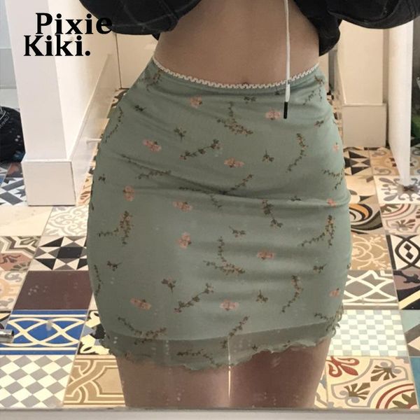 

dresses pixiekiki green floral printed mesh high waist mini skirts y2k clothes fairy grunge faldas bottoms summer 2022 p67cz14, White;black