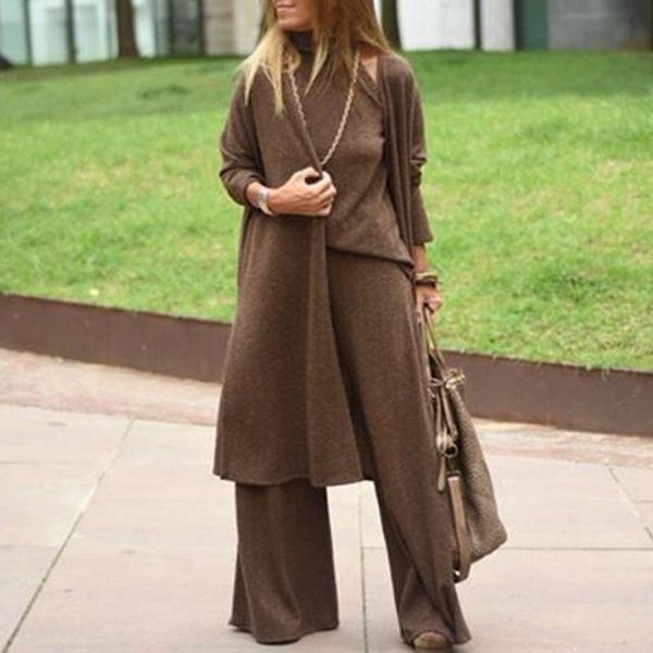 

pants women solid soft vest long cardigan+wide leg pant suits casual fashion autumn spring outfits office lady commute three piece set, White