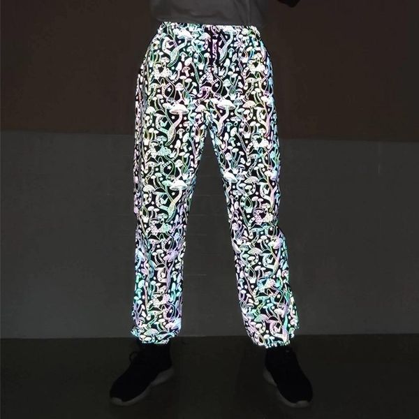 

pants holographic women men reflective geometric "mushroom pattern" colorful hip hop pants casual jogging sweatpants, Black
