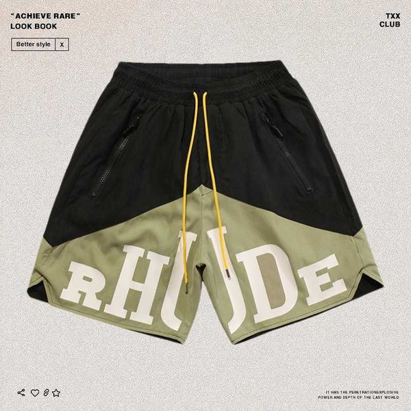 

designer clothing rhude letter printed contrasting color patchwork shorts high street trendy brand loose five piece pants men couples jogger, White;black