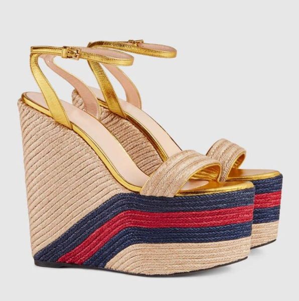 

summer women platform wedges sandals pee mbroidered shoes suede designer straw bottom ladies high heels sandals3433227, Black