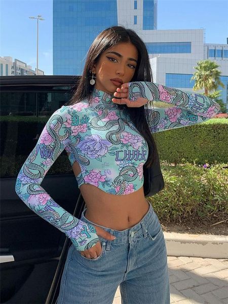 

t-shirt tossy skinny backless floral crop women fashion printed short tee vintage high streetwear bodycon turtleneck tshirts summer, White
