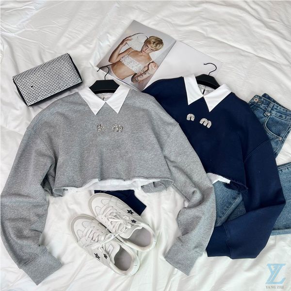 

quality 2023 early spring handmade letter embedding diamond lapel shirt spliced cotton sweater short women, Black