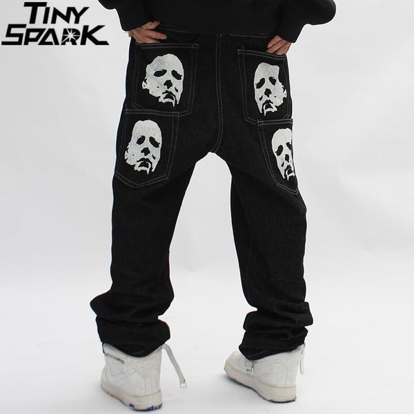 

pants hip hop streetwear harajuku denim pants 2022 men dark style face printed denim pants cotton joggers jeans harem pants trousers, Black