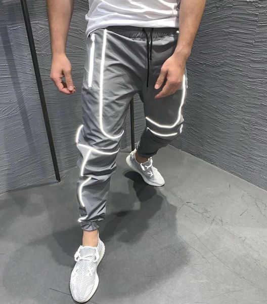 

pants 2020 new men reflective stripe joggers pants sports quick dry mens windbreaker light sweatpants man streetwear hip hop trousers, Black