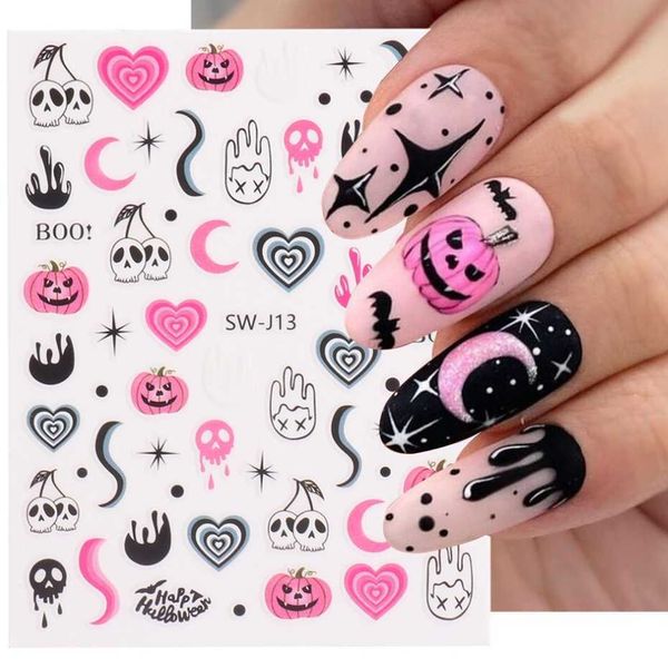 

stickers decals 3d pink pumpkin nail stickers cute and fun halloween cartoon spider horror blood hand skull decals nail decor wraps foils sa, Black