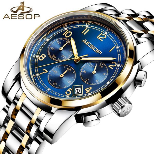 

aesop fashion mens watches brand luxury sapphire men's quartz wrist watches stainless steel male clock men relogio mascul3092, Slivery;brown