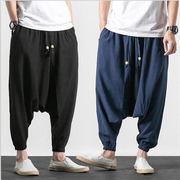 

pants new japan style men baggy dancing pants cotton linen harem trousers pure drawstring crosspants plus size m7xl, Black