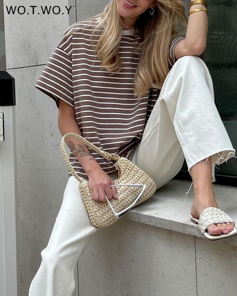 

women's t-shirt woywoy summer casual striped t-shirts women 100% cotton loose fit knitted t shirt female korean y2k tee shirt goth 230, White