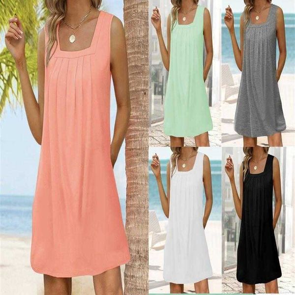 

womens pleated square collar sleeveless dovetail vest dress, Black;gray