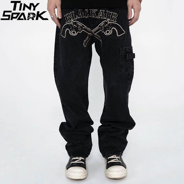 

pants hip hop streetwear denim pants embroidery gun denim pants harajuku cotton casual trousers harem pants 2022 men joggers jeans, Black