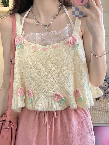 

t-shirt japanese kawaii chic tank women sweet flower embroidery cute knitted tanks lady preppy style casual sweater vest summer 2022, White
