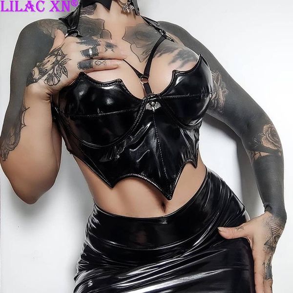 

t-shirt gothic black bat pu halter lace up camis harajuku punk backless corset crop for women summer tube fairy grunge, White