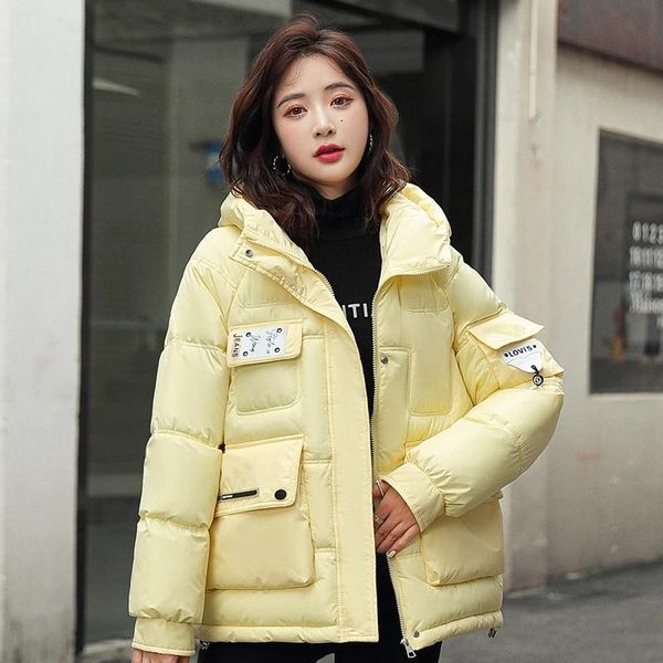 

leather 2022 winter jacket new thicken cotton padded coat stitching cloth stickers letter hooded warm parkas female chic student outwear, Black