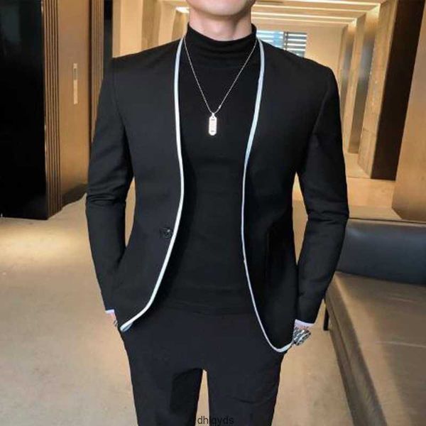 

casual men suits with black round collar 2 piece blazer with pants slim fit wedding tuxedo for groomsmen male fashion clothes x09096u2d, White;black