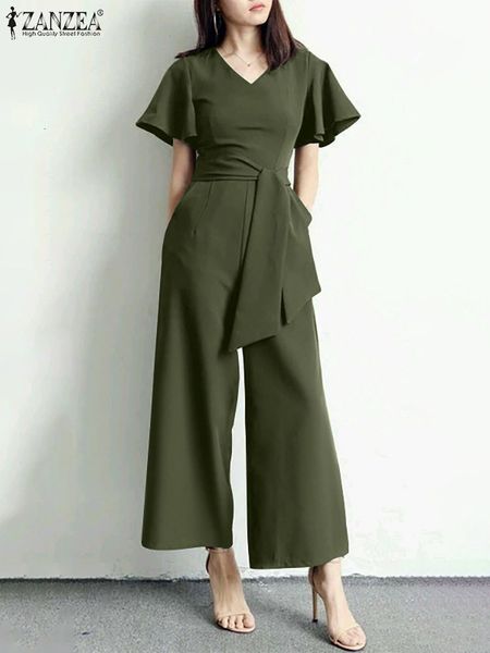 

women's jumpsuits rompers zanzea fashion summer v neck short sleeve rompers women elegant ol wide leg jumpsuits solid work overalls cas, Black;white