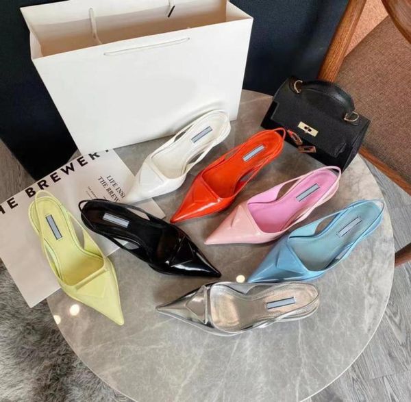 

2021 spring package toe pointed highheeled sandals colorful triangle badge decoration fashion classic sheepskin production li8642722, Black