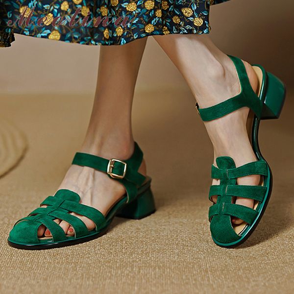 

sandals meotina shoes women genuine leather gladiator thick heel mid heels buckle kid suede ladies footwear summer green 230421, Black