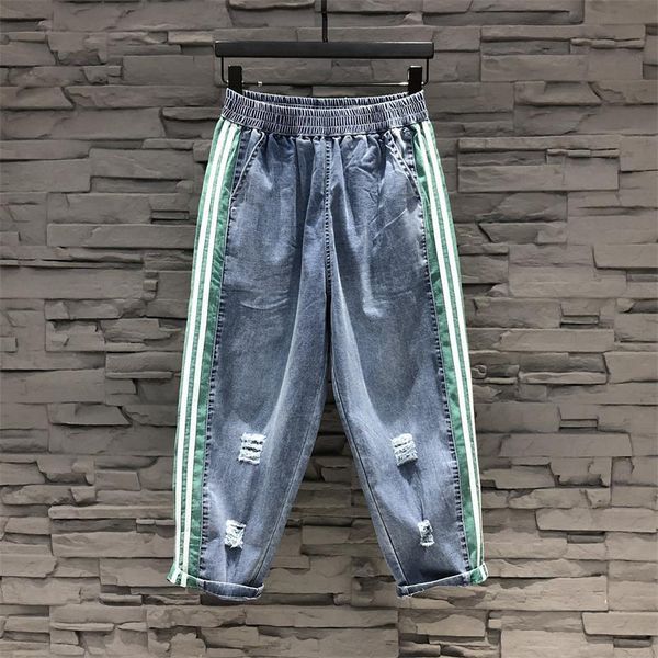 

jeans 2022 spring summer new arts style women elastic waist casual cotton denim harem pants side stripe vintage hole loose jeans c179, Blue