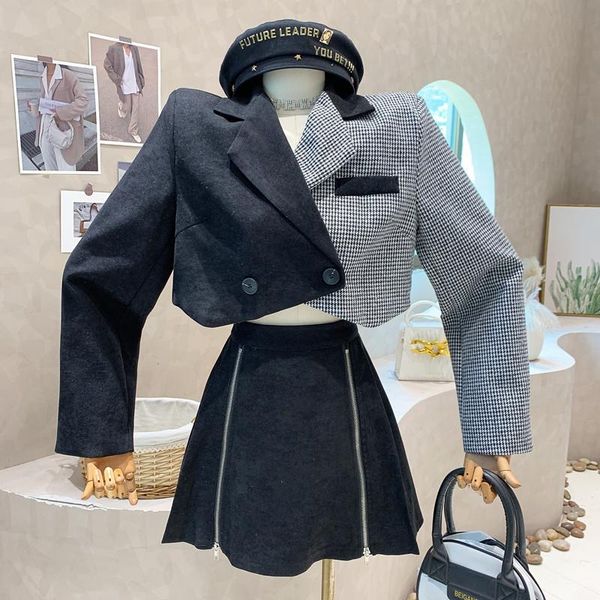 

dress new women's clothing 2022 autumn personality fashion color contrast splicing jacket coat zipper short skirt twopiece set, White