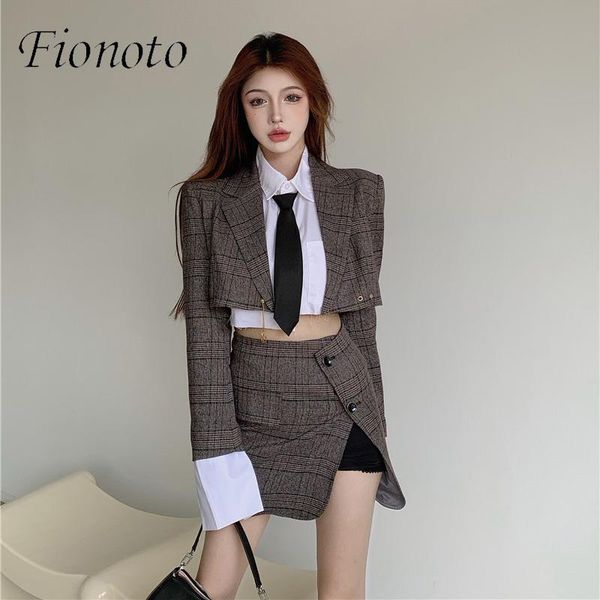 

pants plaid short blazers 2022 women's fashion suits with high waist side slit mini skirt tweed office 2piece elegant sets, White