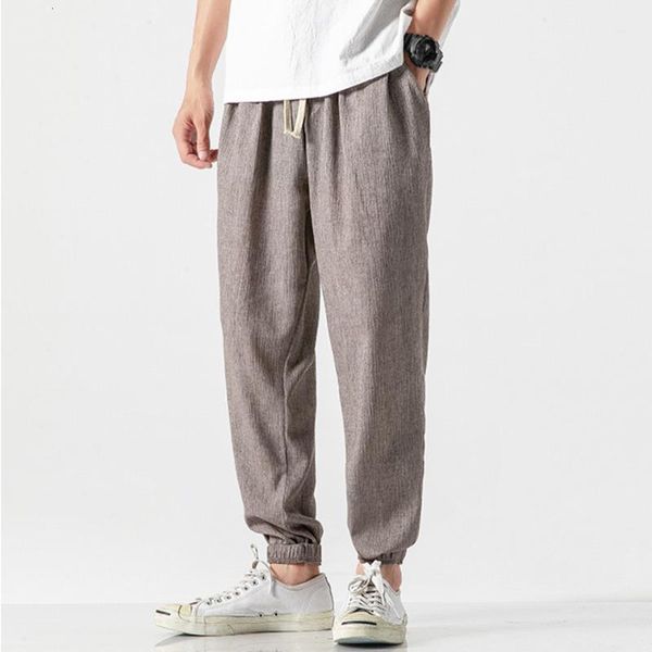 

pants mrgb cotton linen men fashion harem pants oversized basic solid color man summer pants casual male summer elastic waist trousers, Black