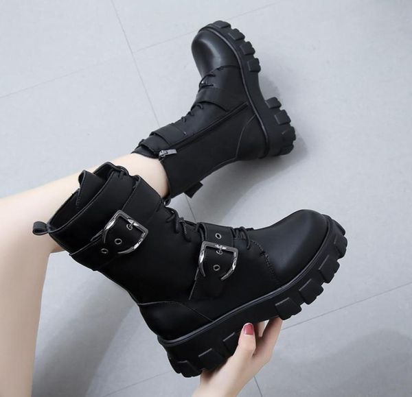 

2021 winter autumn women chunky boots double buckle motorcyle boots punk lace up mid calf boot platform black botas mujer 8697n3865388