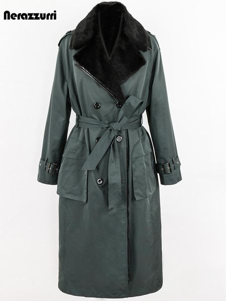 

leather nerazzurri winter long warm thickened green fur parka women belt double breasted luxury fluffy faux rabbit fur lined coat 2022, Black
