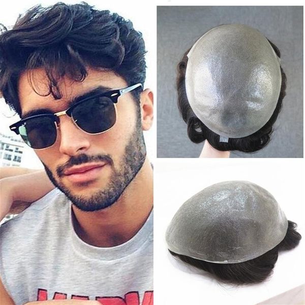 

human hair mens toupee full pu mens hairpiece 8x10 indian remy hair thin skin pu replacements system natural wave men wigs288z, Black