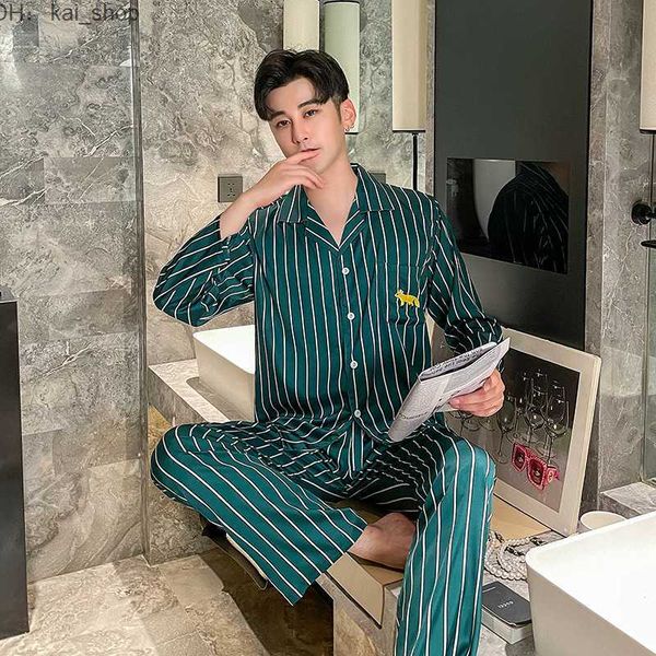 

piece pants new pajamas autumn winter ice silk long-sleeved striped suit wear oversized household clothes 11, White