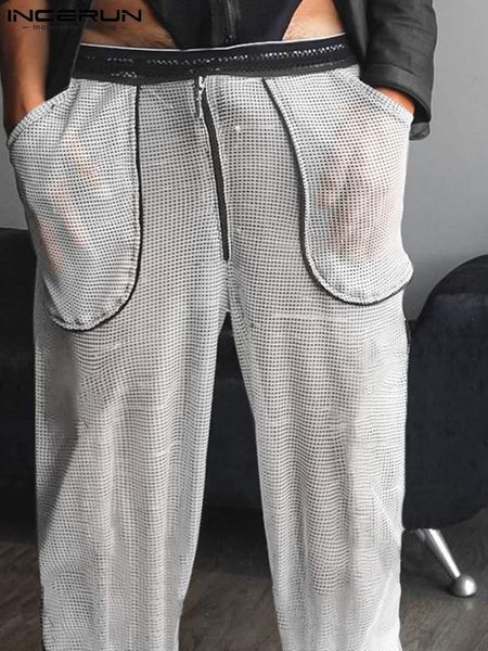 

pants incerun men patchwork pants mesh see through joggers zipper streetwear pockets casual trousers men 2022 fashion pantalon, Black