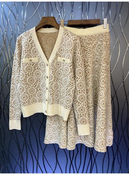 

dress to quality sweater sets 2022 autumn winter 2pc set women crochet knitting sweater cardigan +aline beige green black skirts, White