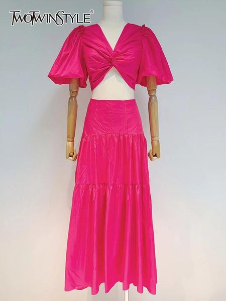 

dress twotwinstyle solid two piece set women v neck puff sleeve high waist loose midi skirts female casual sets fashion clothing, White