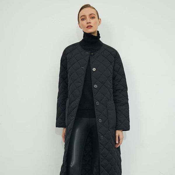 

leather women's singlebreasted warm long jacket with round neck cotton rhombus coat quilted warm scarf, Black