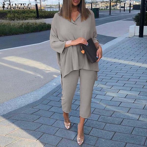 

pants 2pcs spring lapel neck long sleeve blouse suits zanzea women ol matching sets casual pant sets solid work sets urban tracksuit, White