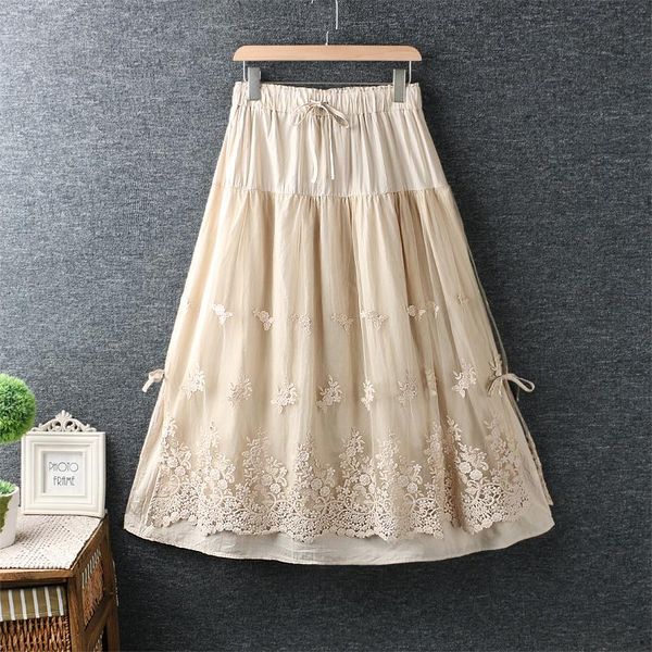 

capris chic lace flower skirts elastic waist long skirt cotton women casual skirts, Black;white