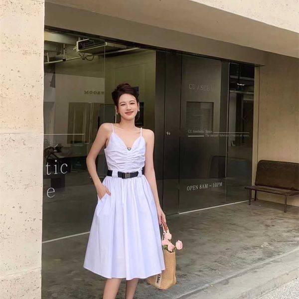 

family summer new fashion metal belt waist style pleated strap dress, Black;gray