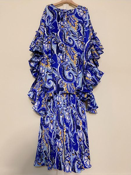 

pants multicolor geometric print lace up round neck pullover shirt two piece ladies new + fashion elastic waist wide leg pants suit, White