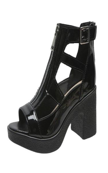 

sandals luxury women square high heeled peep toe gladiator sandalias patent leather summer heightening platform elegant shoes6243218, Black