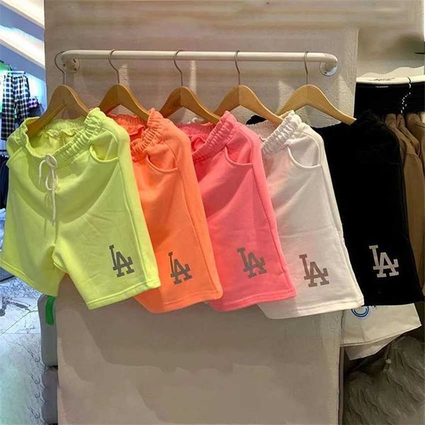 

summer korean couple loose la letter 3m reflective cotton drawstring macaron fluorescent casual shorts, Black;white